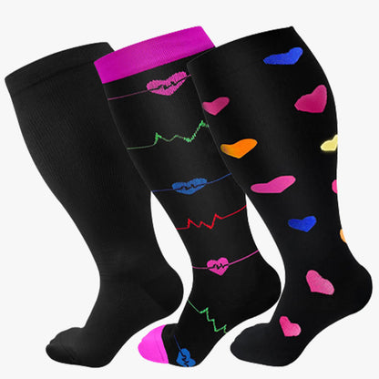 2XL-7XL Black Electrocardiogram Heart Plus Size Compression Socks(3 Pairs)