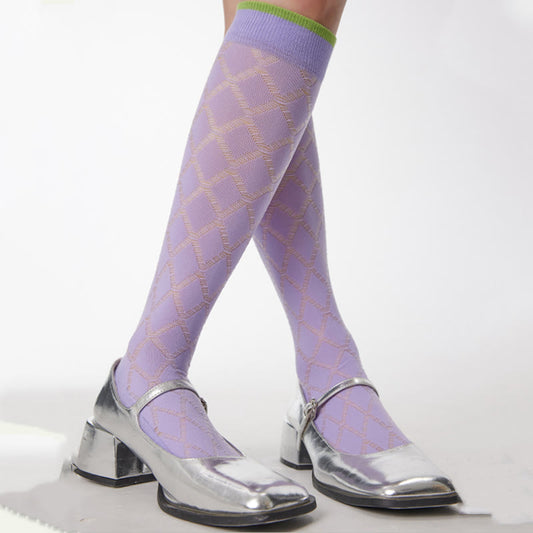 Purple Diamond Pattern Glass Sheer Compression Socks
