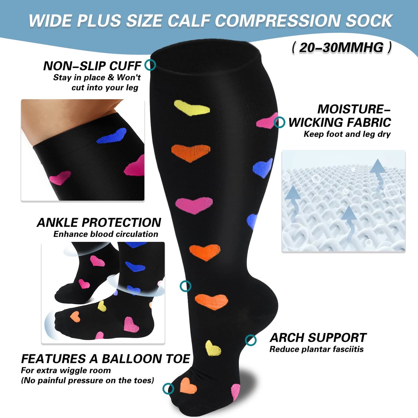 2XL-7XL Heart Pattern Plus Size Compression Socks(3 Pairs)