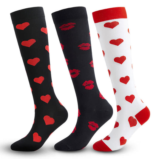 Red Heart&Lip Print Compression Socks(3 Pairs)