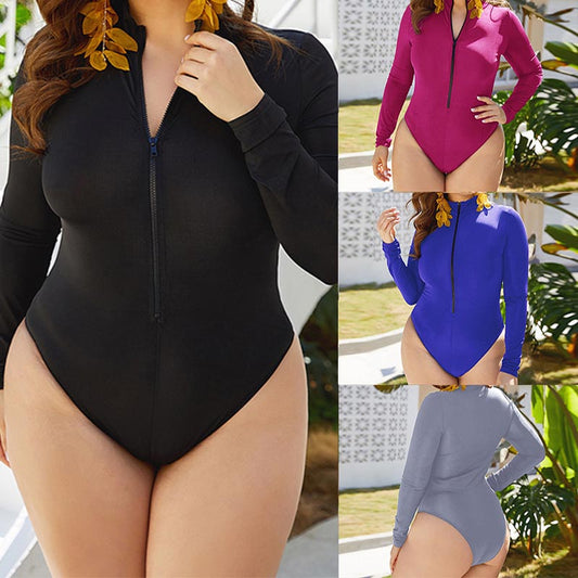 Plus Size Solid Color Zipper Swimsuit