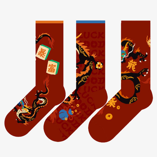 Plus Size  Dragon Spring Festival Quarter Socks(3 Pairs)