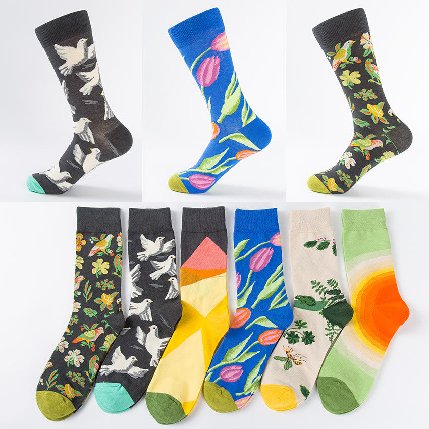 Plus Size Tulip Dove Pattern Crew Socks(6 Pairs)