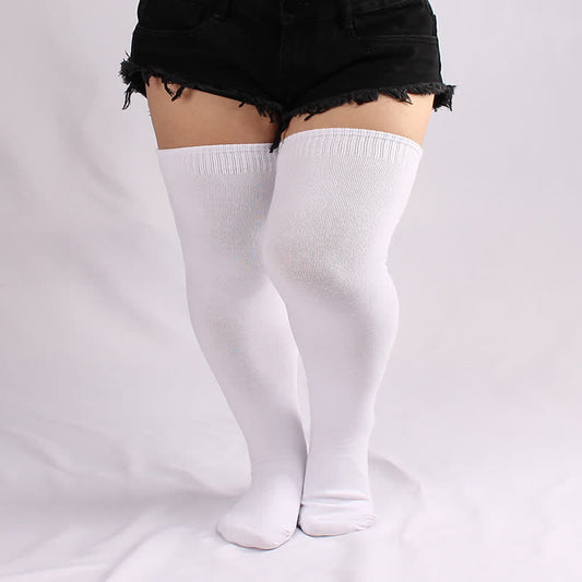 Plus Size White Cotton Thigh High Socks
