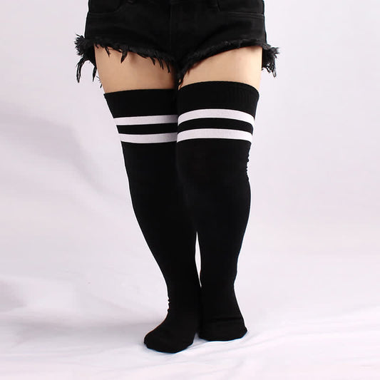 Plus Size Black White Stripe Thigh High Socks