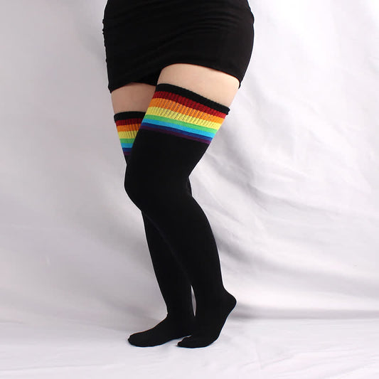 Plus Size Black Rainbow Thigh High Socks