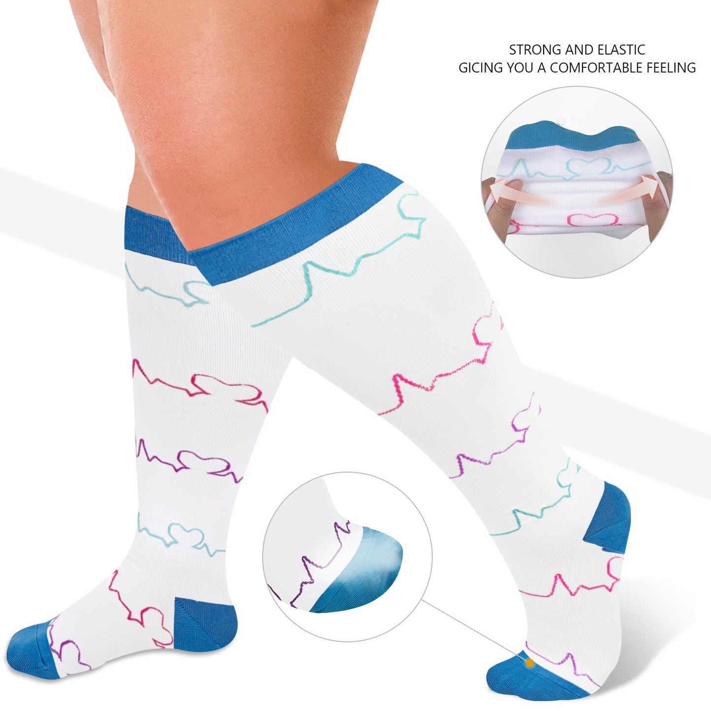 White Electrocardiogram Plus Size Compression Socks(3 Pairs)