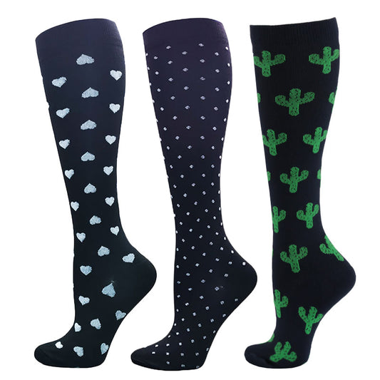 Cactus Heart Pattern Plus Size Compression Socks(3 Pairs)