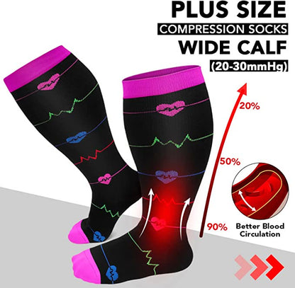 2XL-7XL Skin Purple Electrocardiogram Plus Size Compression Socks(3 Pairs)