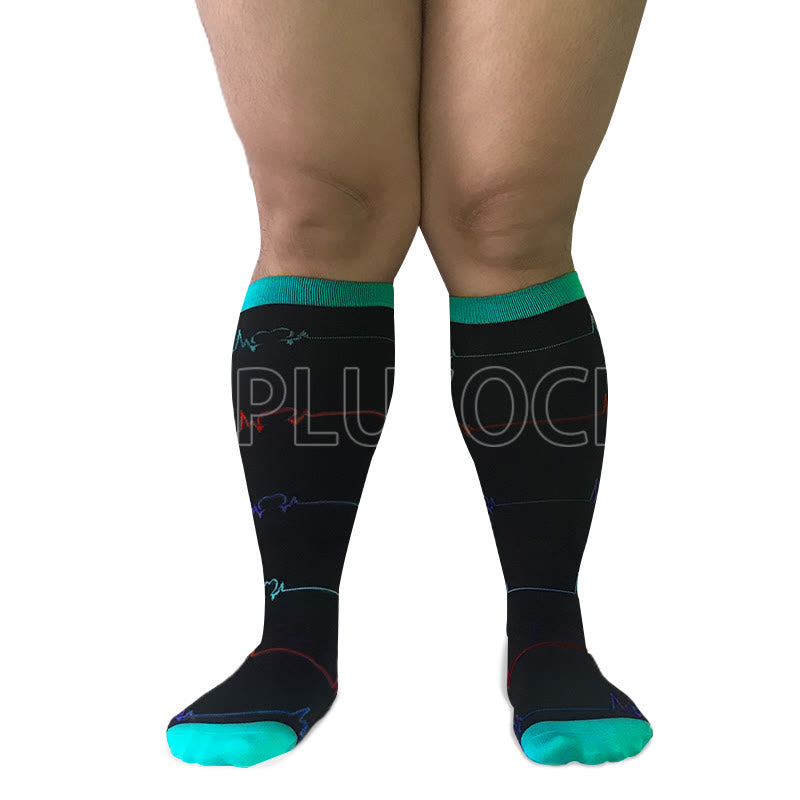 EKG Heart Patterned Knee High - Black (Compression Socks)