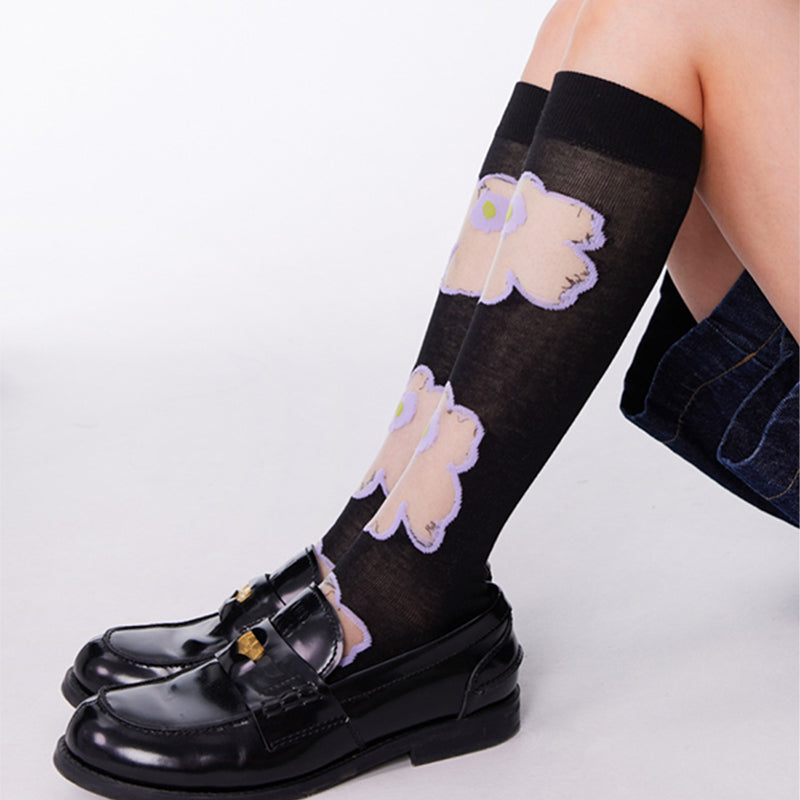 Purple Floral Pattern Glass Sheer Socks